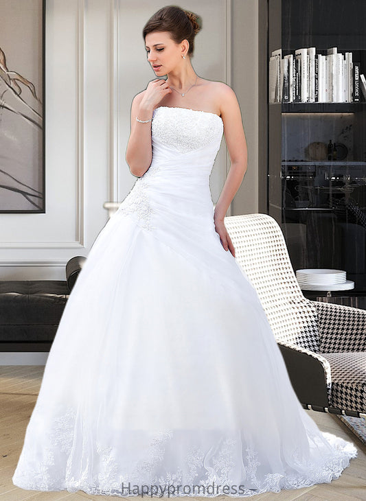 Pat Ball-Gown/Princess Strapless Chapel Train Satin Organza Wedding Dress With Lace Beading XXSP0013796