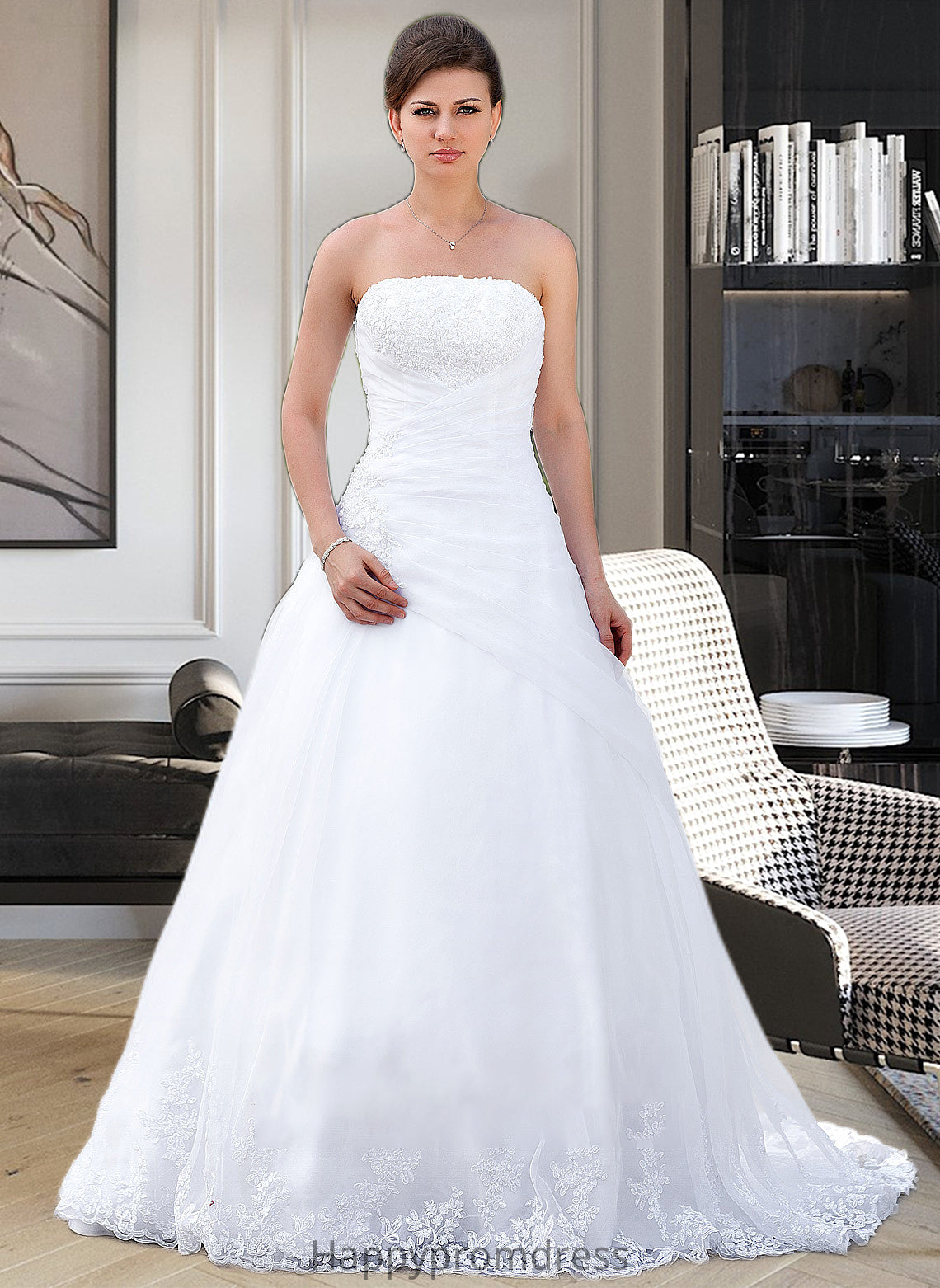 Pat Ball-Gown/Princess Strapless Chapel Train Satin Organza Wedding Dress With Lace Beading XXSP0013796