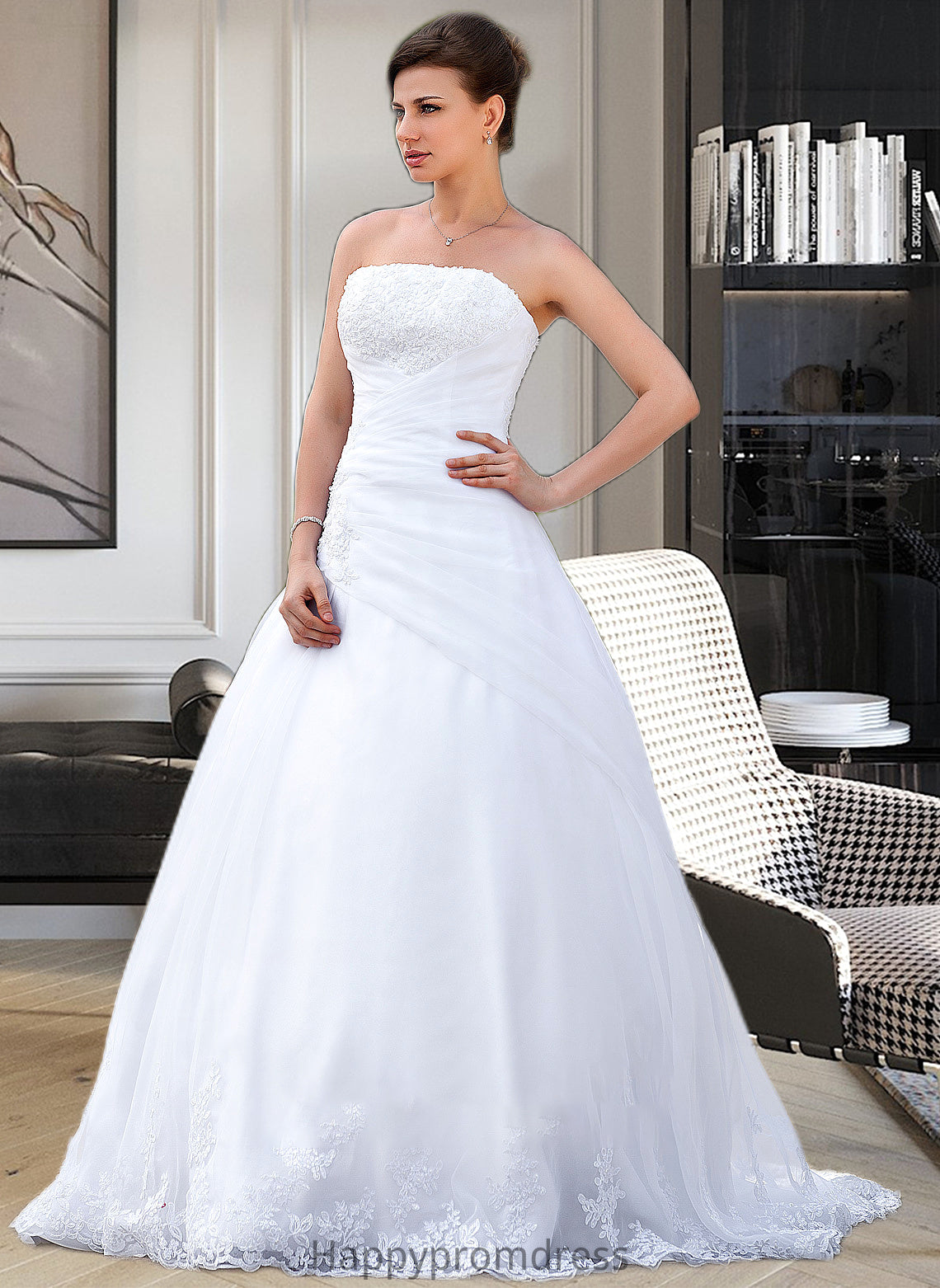 Pat Ball-Gown/Princess Strapless Chapel Train Satin Organza Wedding Dress With Lace Beading XXSP0013796