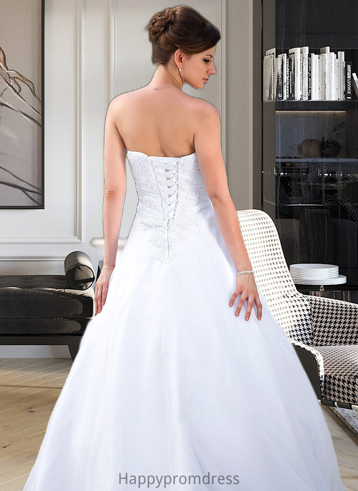 Pat Ball-Gown/Princess Strapless Chapel Train Satin Organza Wedding Dress With Lace Beading XXSP0013796