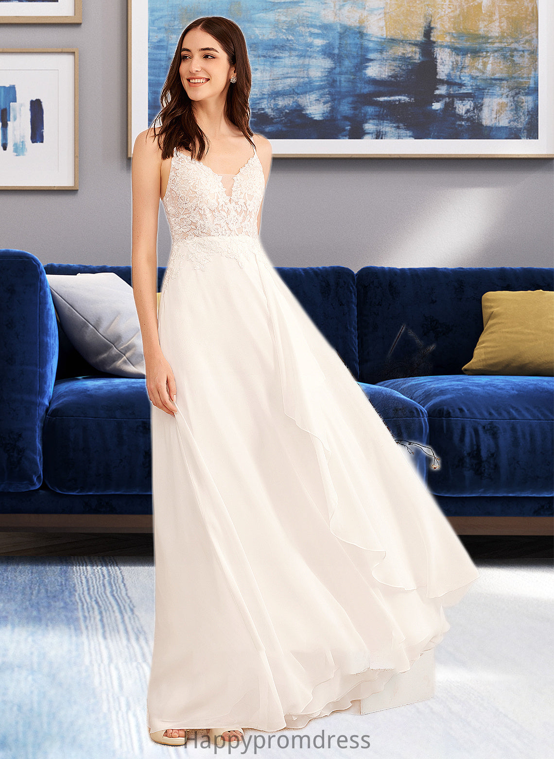 Sydney A-Line V-neck Floor-Length Wedding Dress With Sequins XXSP0013797