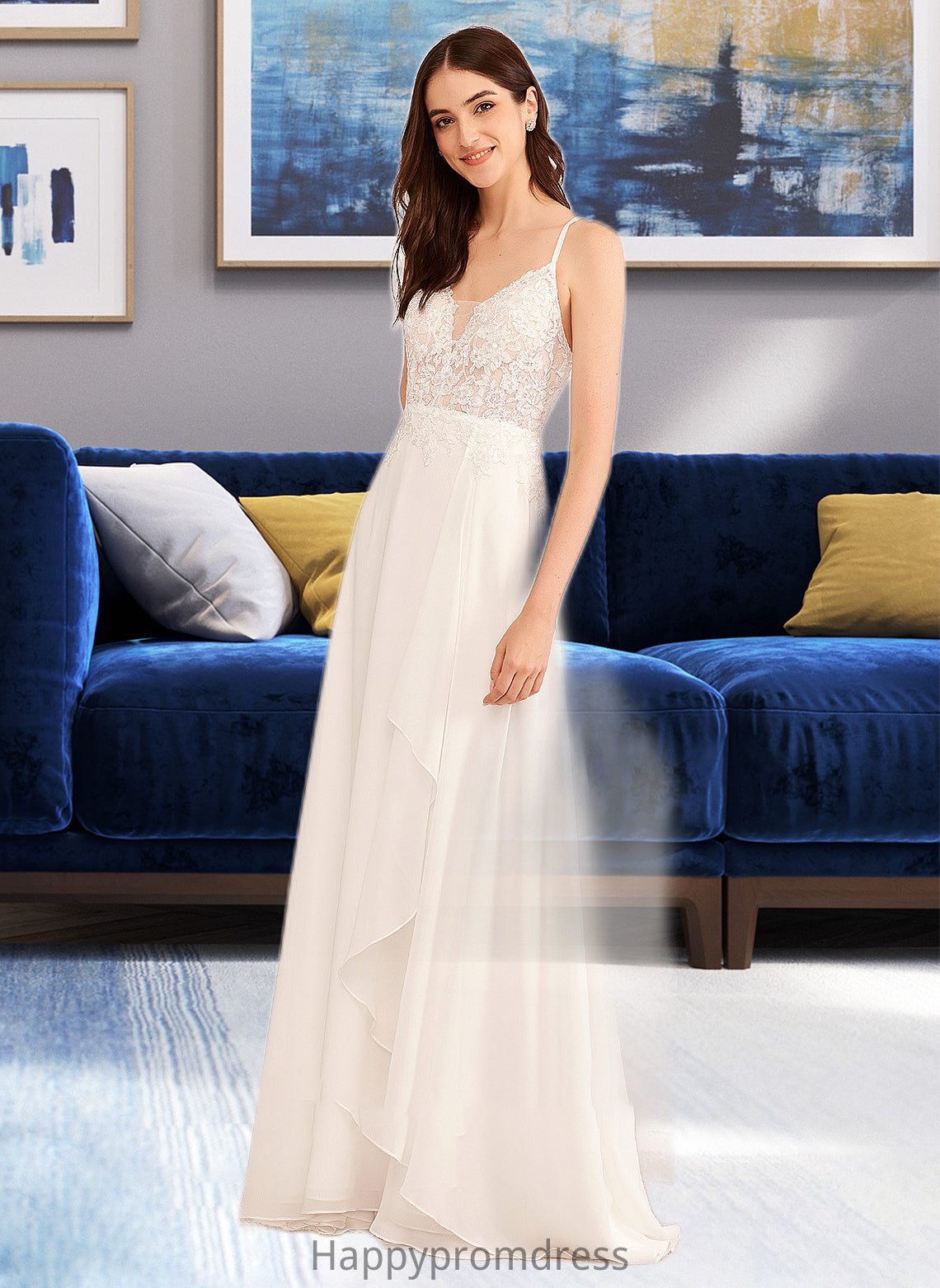 Sydney A-Line V-neck Floor-Length Wedding Dress With Sequins XXSP0013797