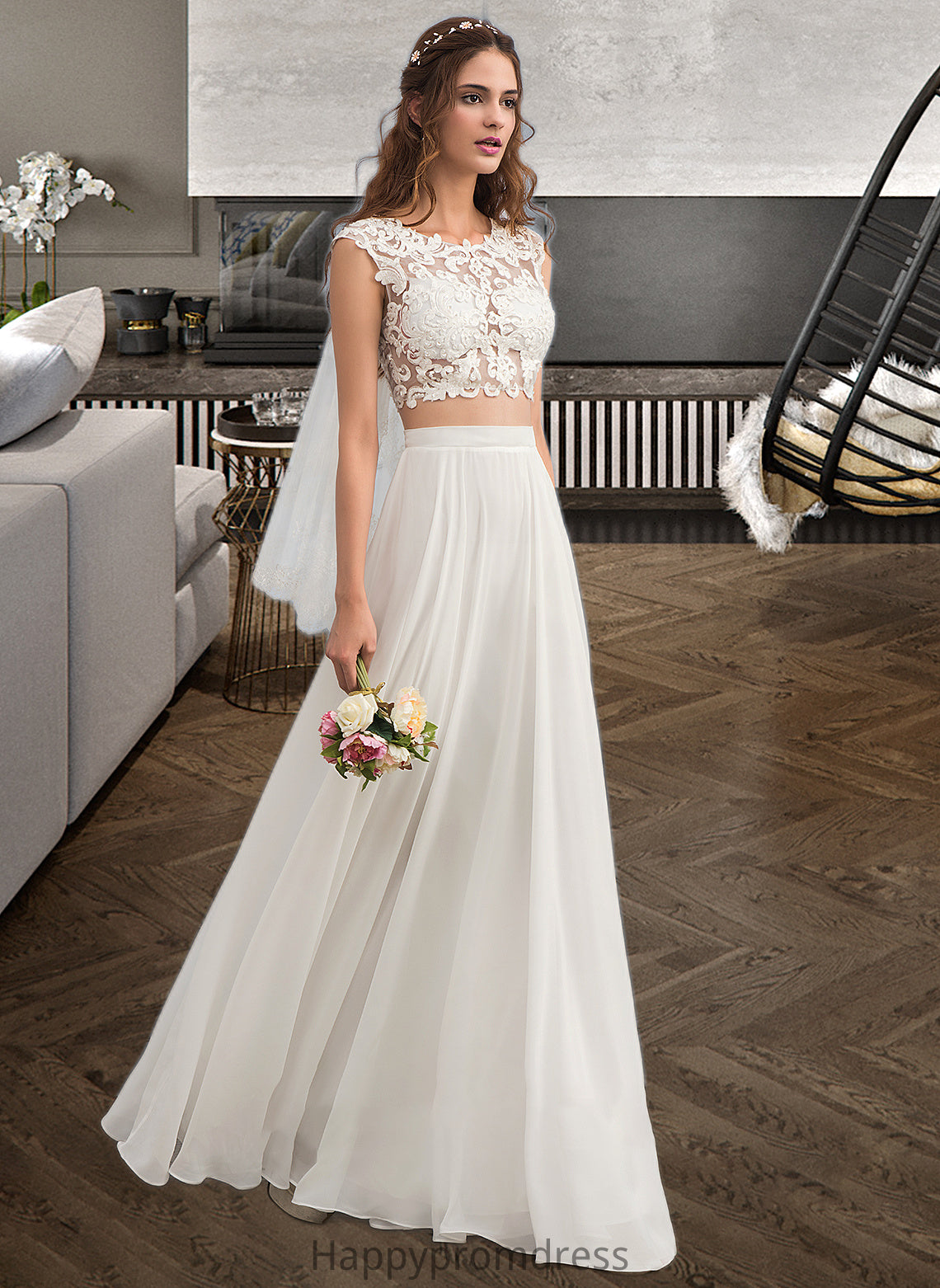 Carolina A-Line Scoop Neck Floor-Length Chiffon Wedding Dress With Beading Sequins XXSP0013799