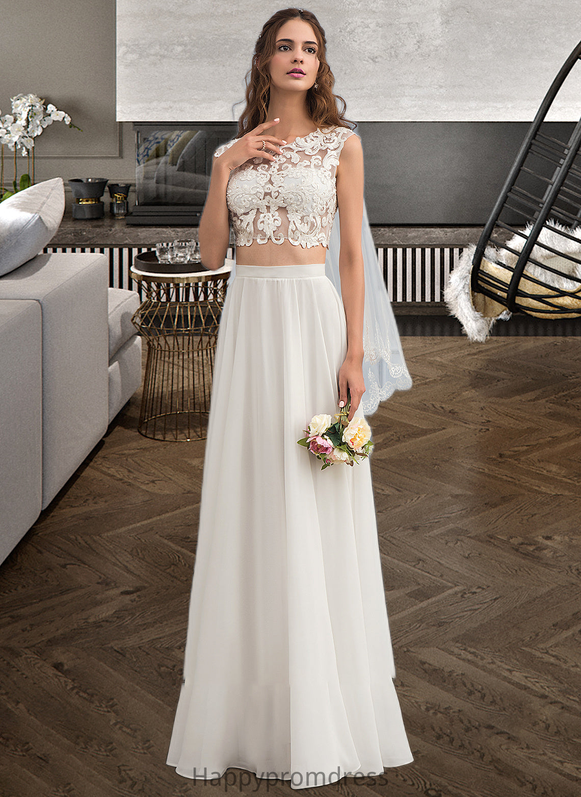 Carolina A-Line Scoop Neck Floor-Length Chiffon Wedding Dress With Beading Sequins XXSP0013799