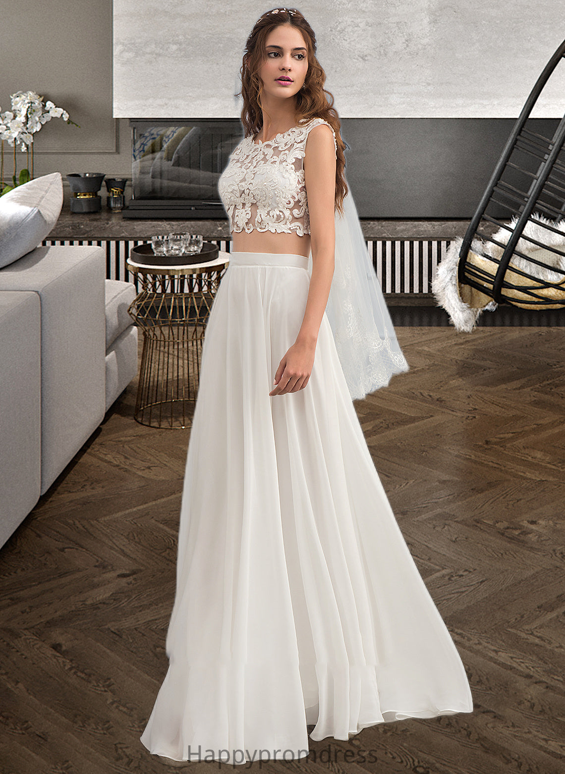 Carolina A-Line Scoop Neck Floor-Length Chiffon Wedding Dress With Beading Sequins XXSP0013799