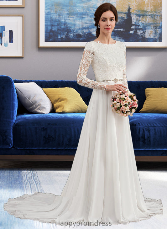 Nora A-Line Scoop Neck Court Train Chiffon Wedding Dress With Beading XXSP0013800