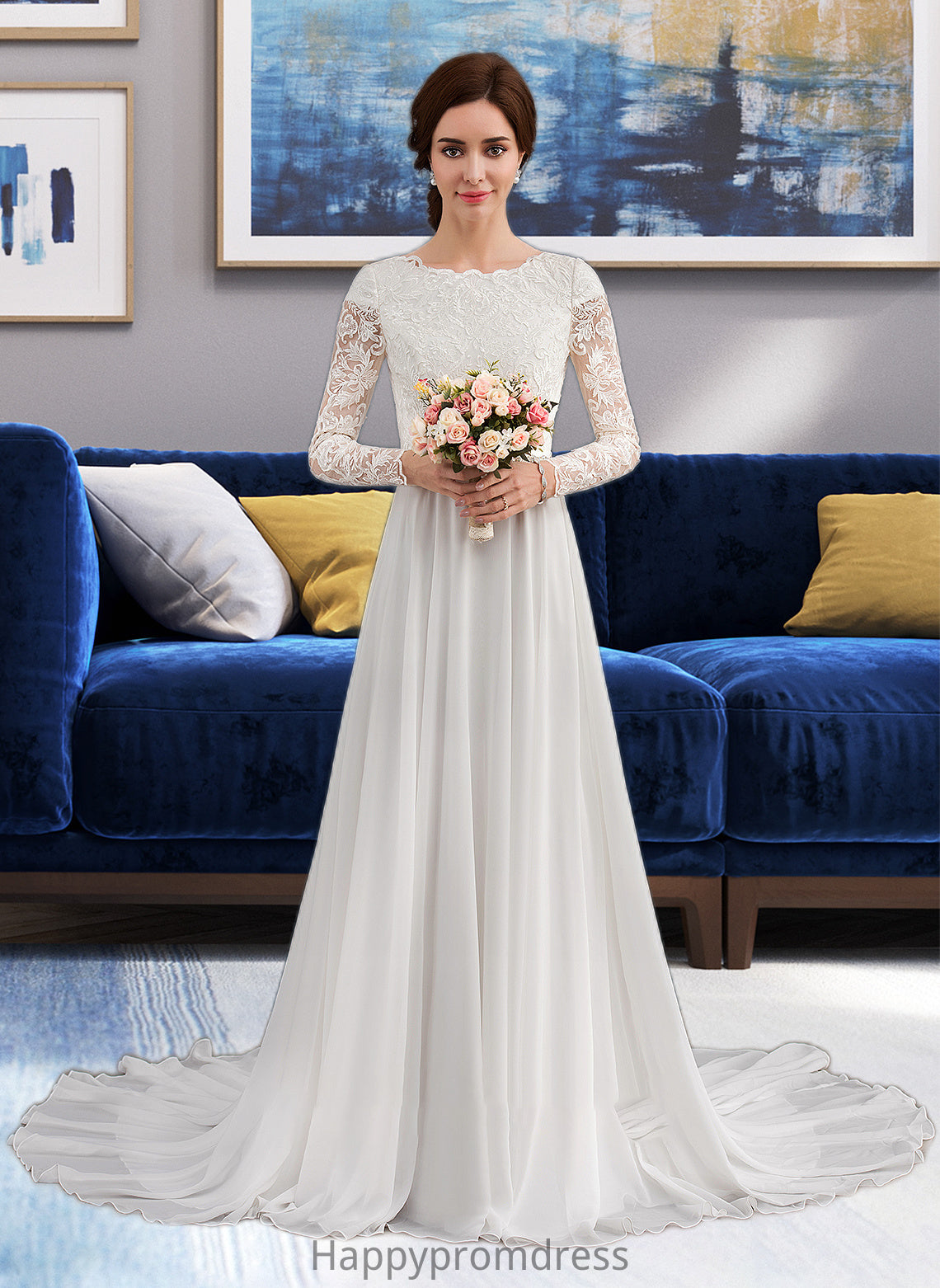 Nora A-Line Scoop Neck Court Train Chiffon Wedding Dress With Beading XXSP0013800