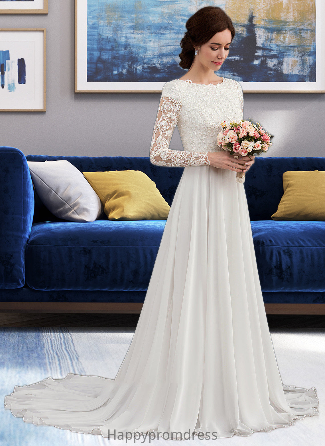 Nora A-Line Scoop Neck Court Train Chiffon Wedding Dress With Beading XXSP0013800