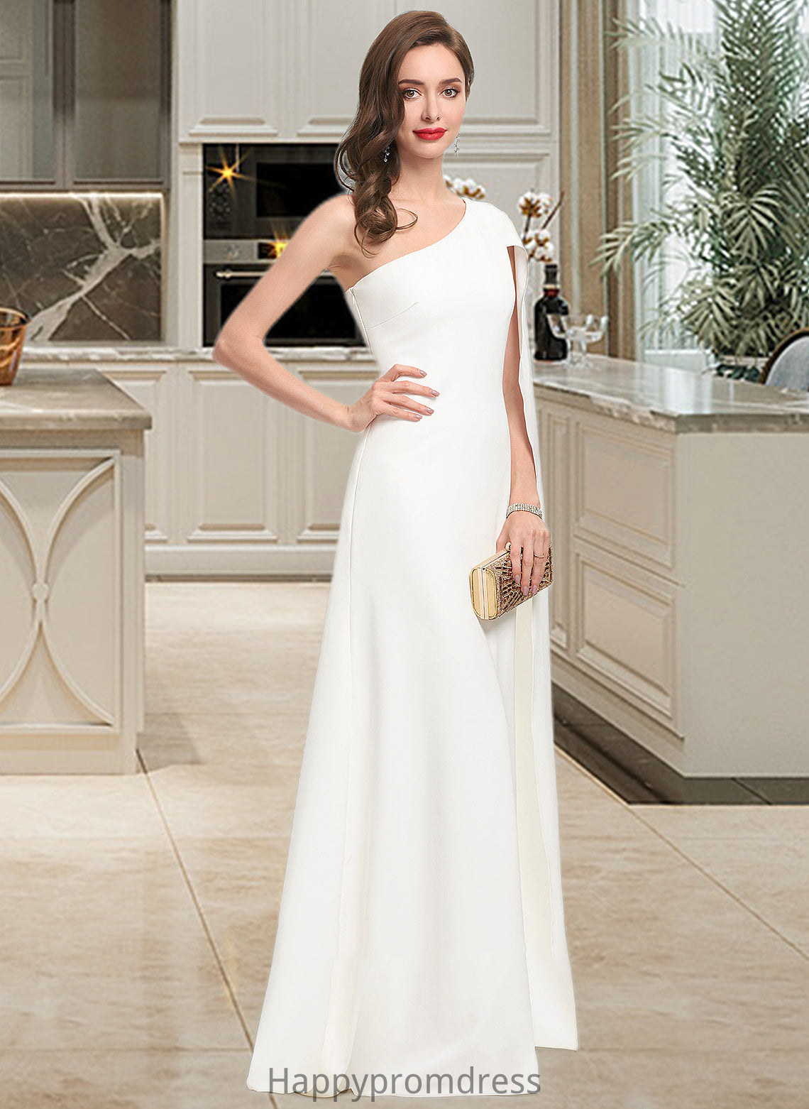 Casey Sheath/Column One-Shoulder Floor-Length Stretch Crepe Wedding Dress XXSP0013801