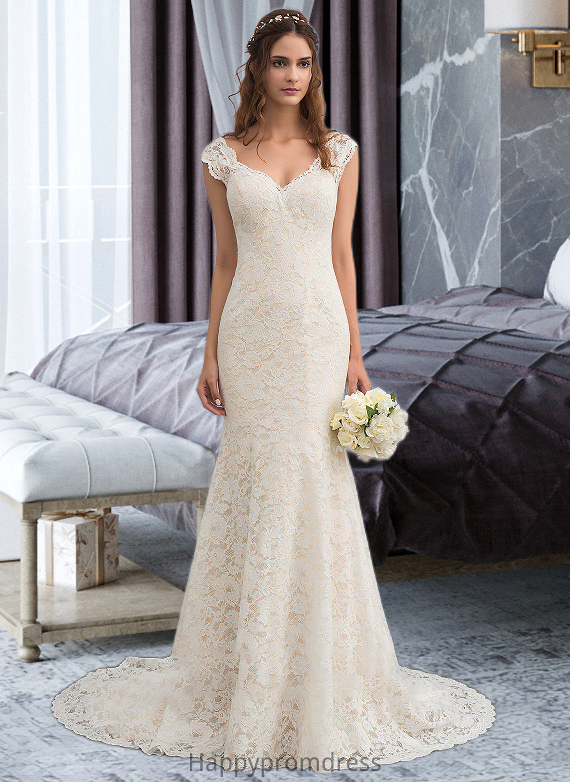 Anabel Trumpet/Mermaid V-neck Court Train Lace Wedding Dress XXSP0013804