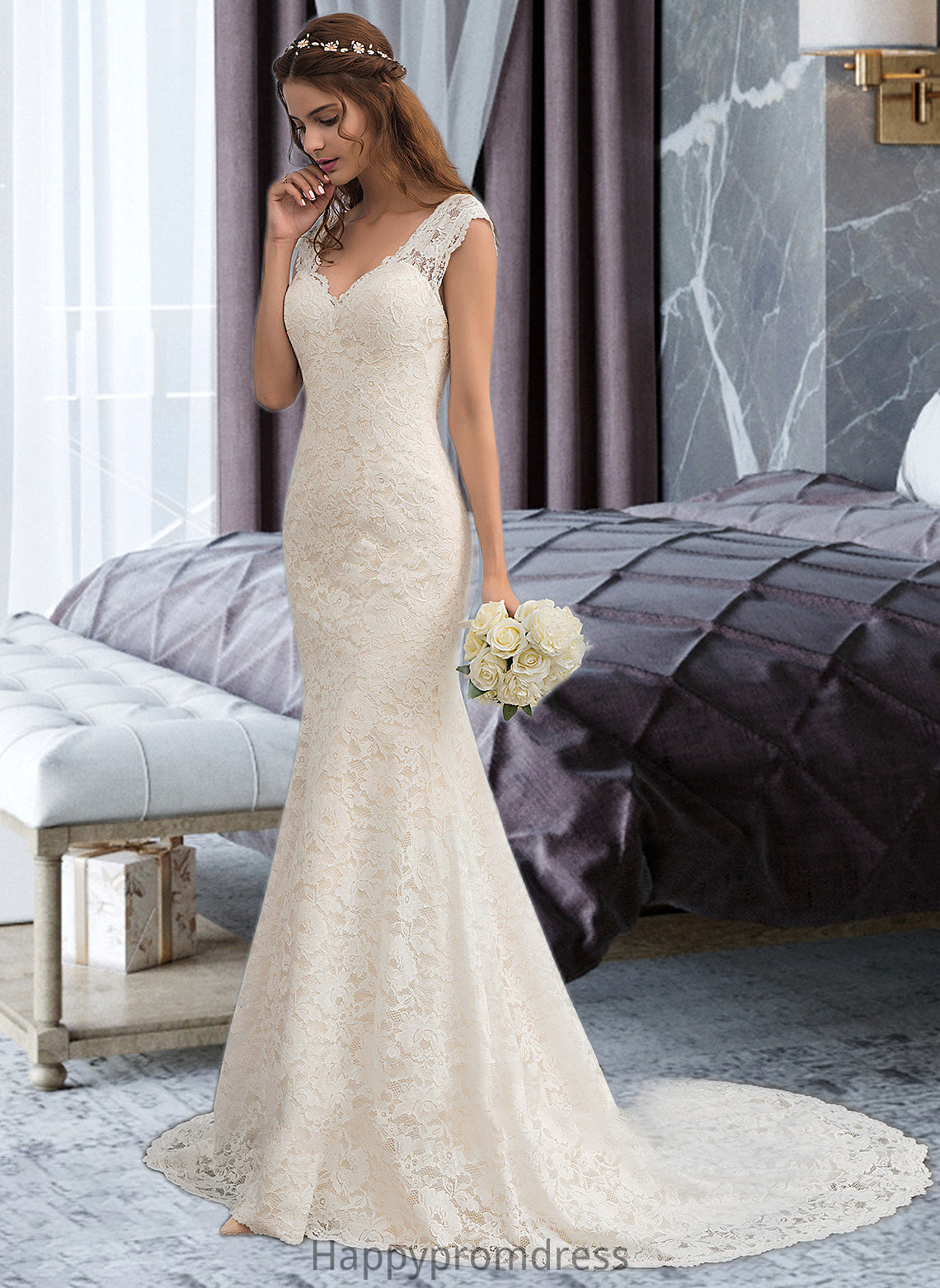 Anabel Trumpet/Mermaid V-neck Court Train Lace Wedding Dress XXSP0013804