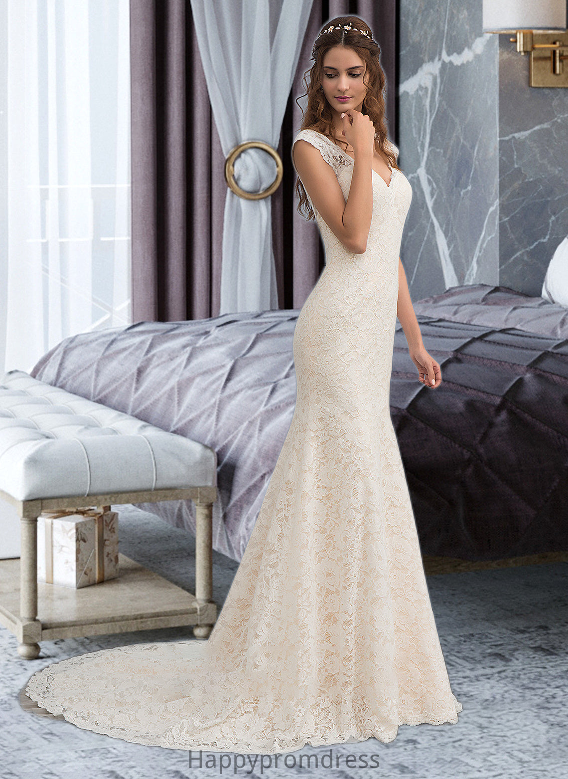 Anabel Trumpet/Mermaid V-neck Court Train Lace Wedding Dress XXSP0013804