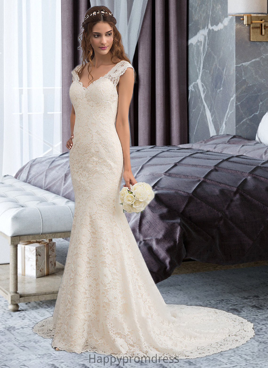 Anabel Trumpet/Mermaid V-neck Court Train Lace Wedding Dress XXSP0013804