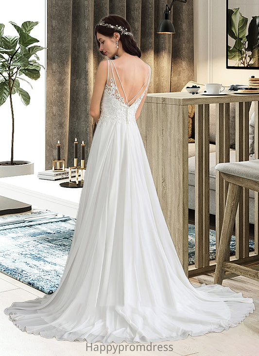 Ann A-Line V-neck Sweep Train Chiffon Wedding Dress With Beading Sequins Split Front XXSP0013806