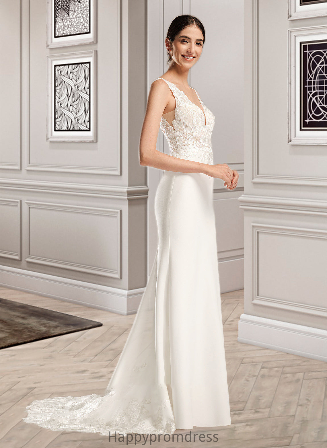 Addison Sheath/Column V-neck Court Train Wedding Dress With Sequins XXSP0013807