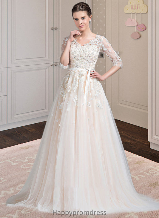 Marely Ball-Gown/Princess V-neck Court Train Tulle Wedding Dress With Beading Appliques Lace Sequins Bow(s) XXSP0013809