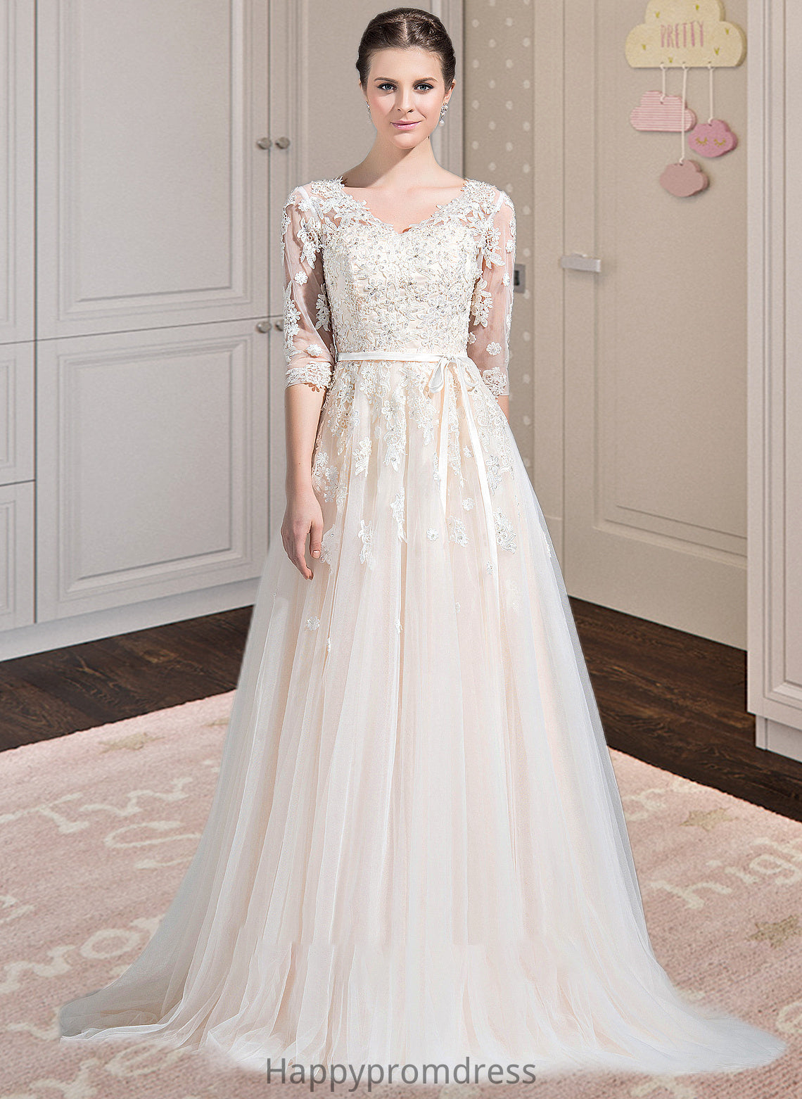 Marely Ball-Gown/Princess V-neck Court Train Tulle Wedding Dress With Beading Appliques Lace Sequins Bow(s) XXSP0013809