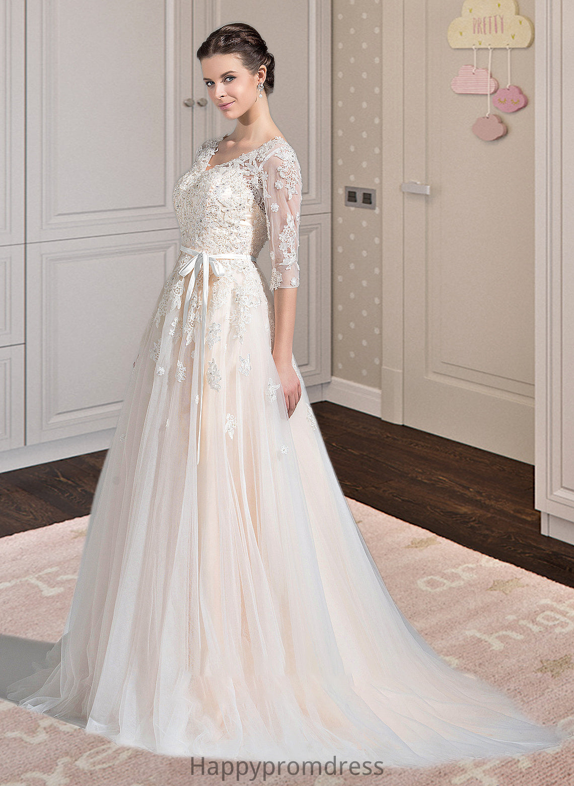 Marely Ball-Gown/Princess V-neck Court Train Tulle Wedding Dress With Beading Appliques Lace Sequins Bow(s) XXSP0013809