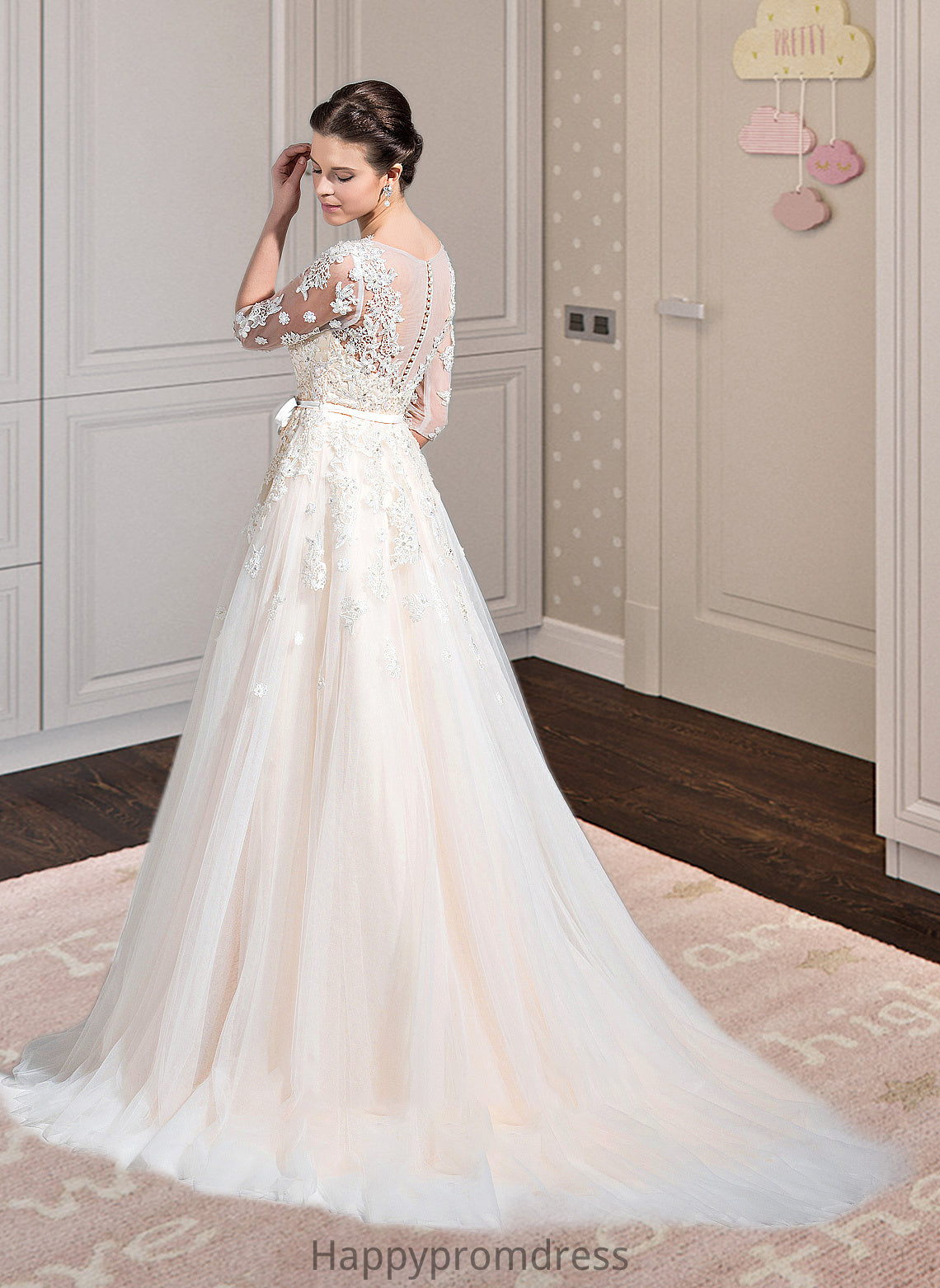 Marely Ball-Gown/Princess V-neck Court Train Tulle Wedding Dress With Beading Appliques Lace Sequins Bow(s) XXSP0013809