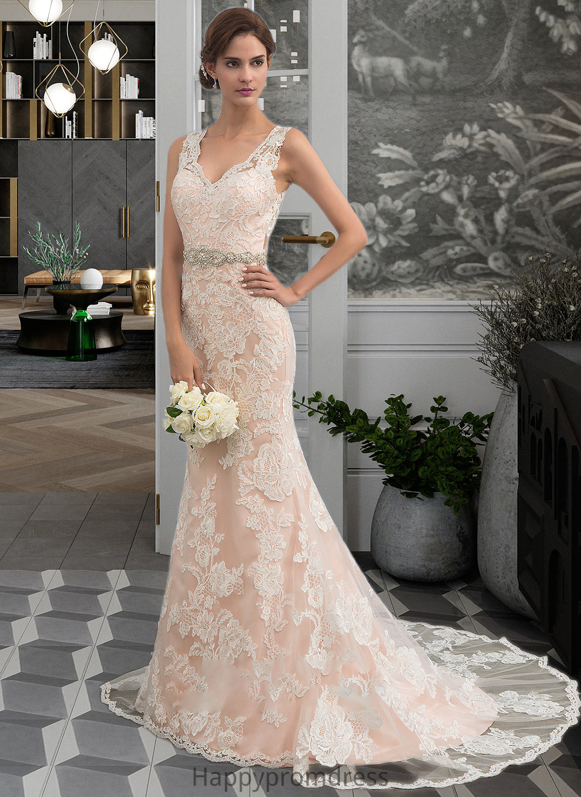 Dayanara Trumpet/Mermaid V-neck Chapel Train Tulle Lace Wedding Dress With Beading XXSP0013810