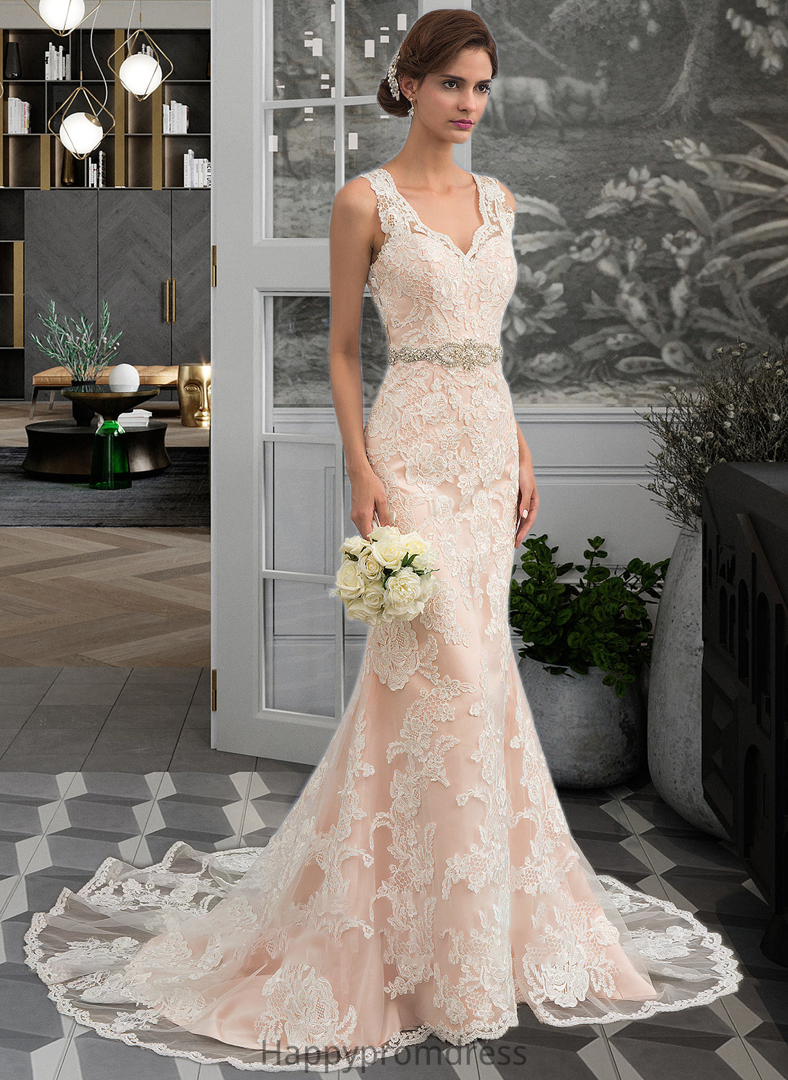 Dayanara Trumpet/Mermaid V-neck Chapel Train Tulle Lace Wedding Dress With Beading XXSP0013810