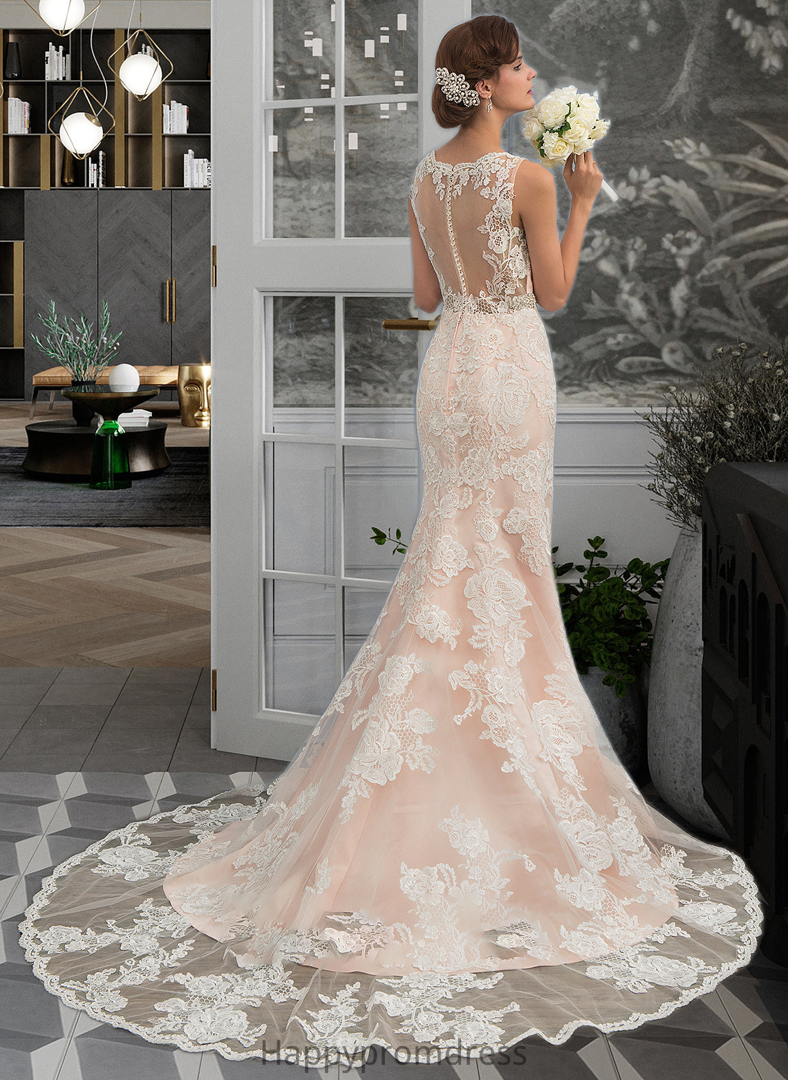 Dayanara Trumpet/Mermaid V-neck Chapel Train Tulle Lace Wedding Dress With Beading XXSP0013810