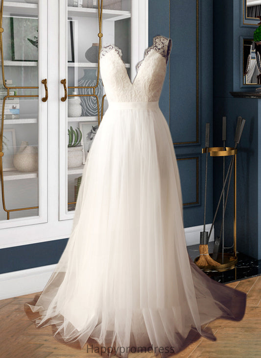 Juliet A-Line V-neck Sweep Train Tulle Wedding Dress XXSP0013812