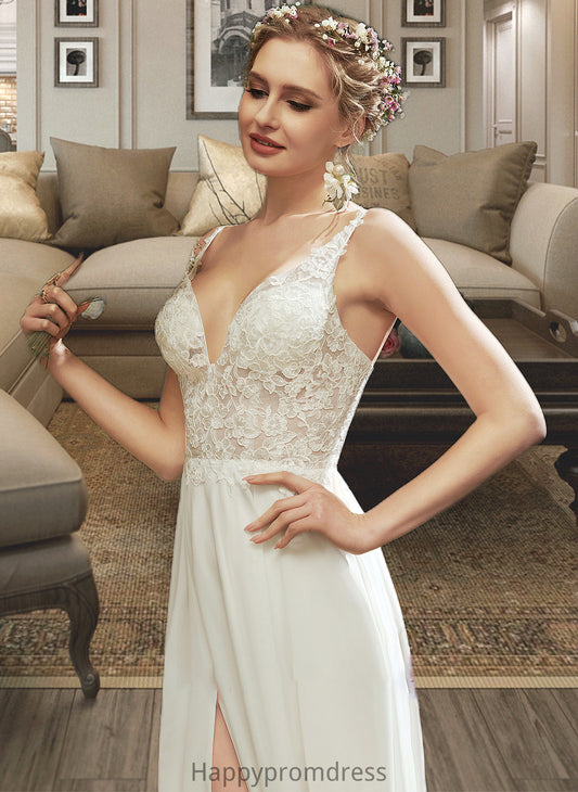 Cloe A-Line V-neck Floor-Length Wedding Dress With Lace Split Front XXSP0013815