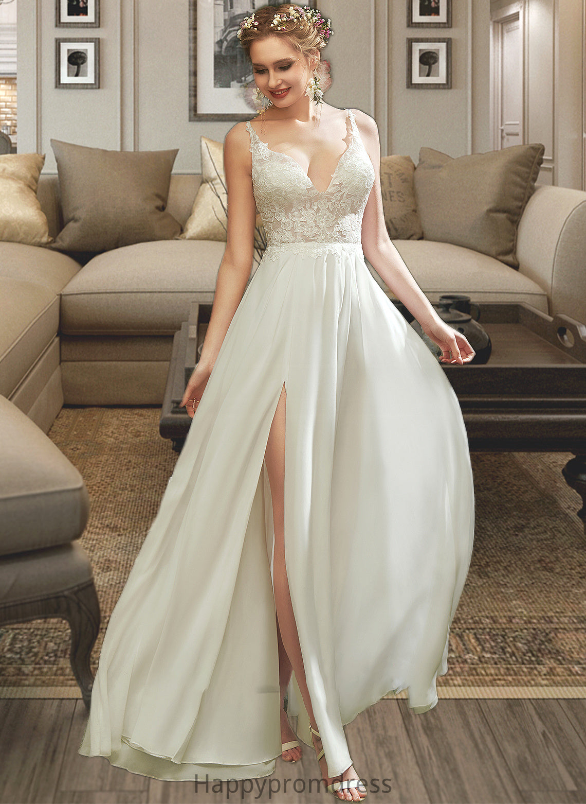 Cloe A-Line V-neck Floor-Length Wedding Dress With Lace Split Front XXSP0013815