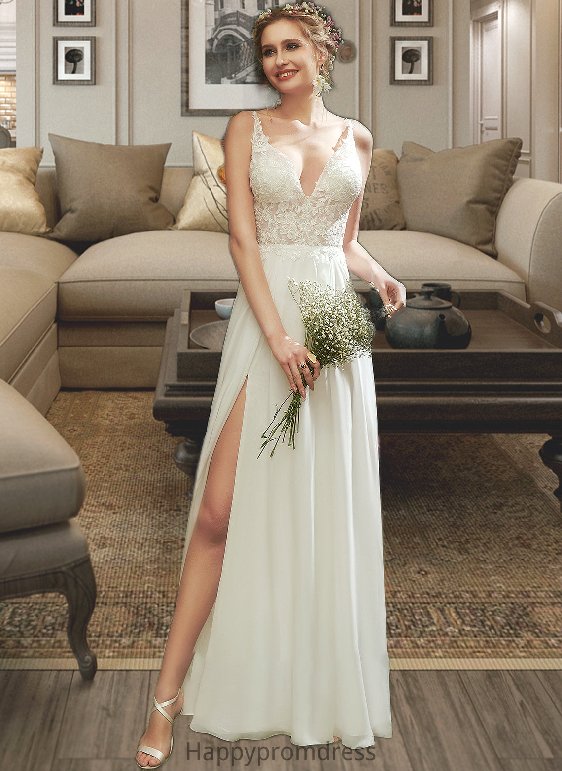 Cloe A-Line V-neck Floor-Length Wedding Dress With Lace Split Front XXSP0013815