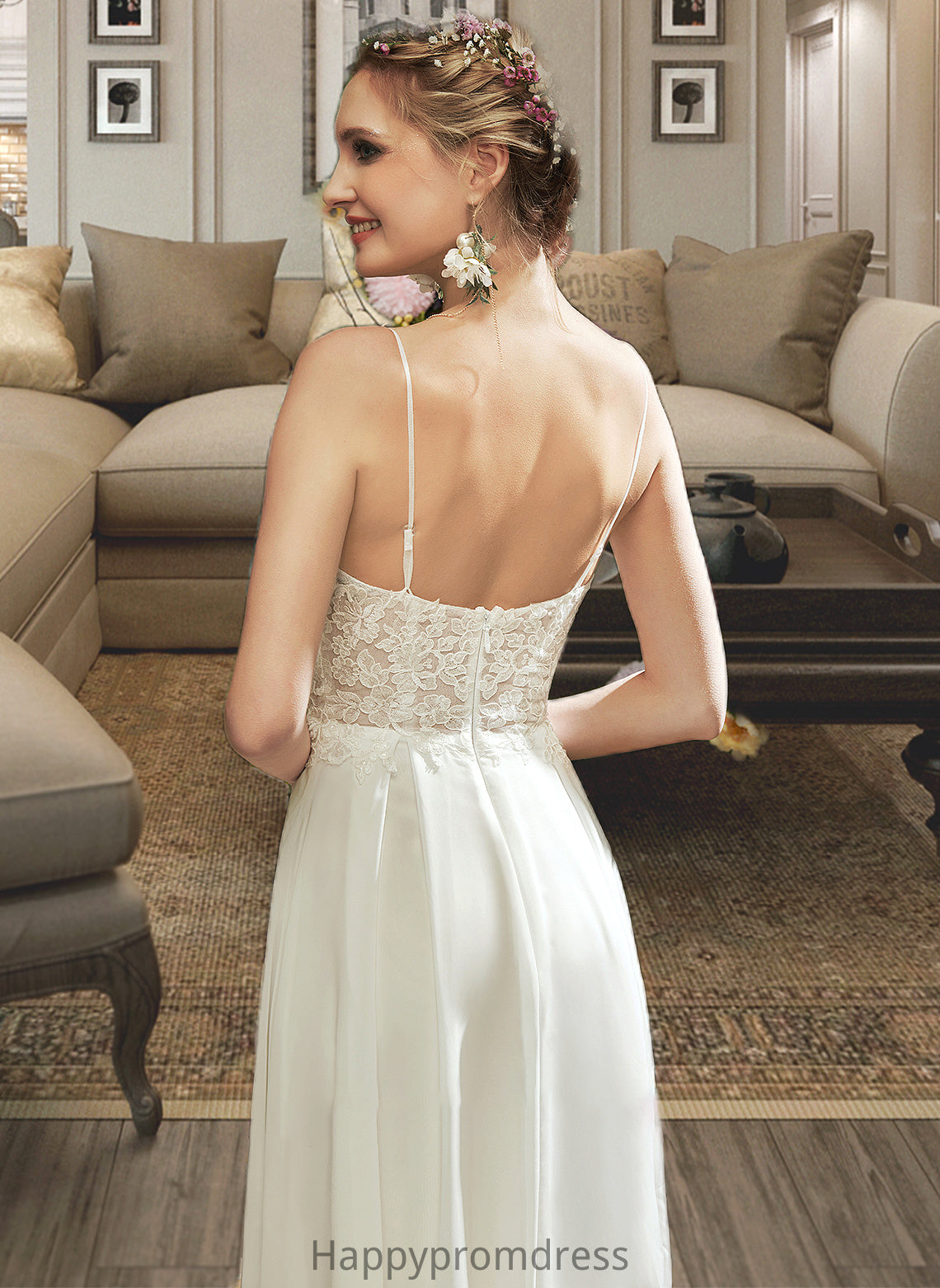 Cloe A-Line V-neck Floor-Length Wedding Dress With Lace Split Front XXSP0013815