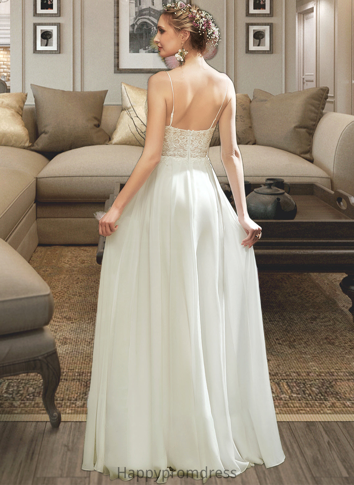 Cloe A-Line V-neck Floor-Length Wedding Dress With Lace Split Front XXSP0013815