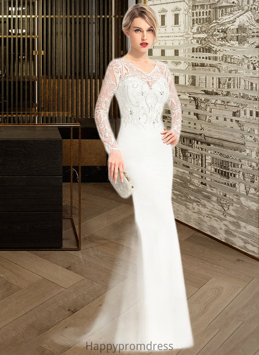 Amina Trumpet/Mermaid V-neck Sweep Train Stretch Crepe Wedding Dress With Beading Sequins XXSP0013816