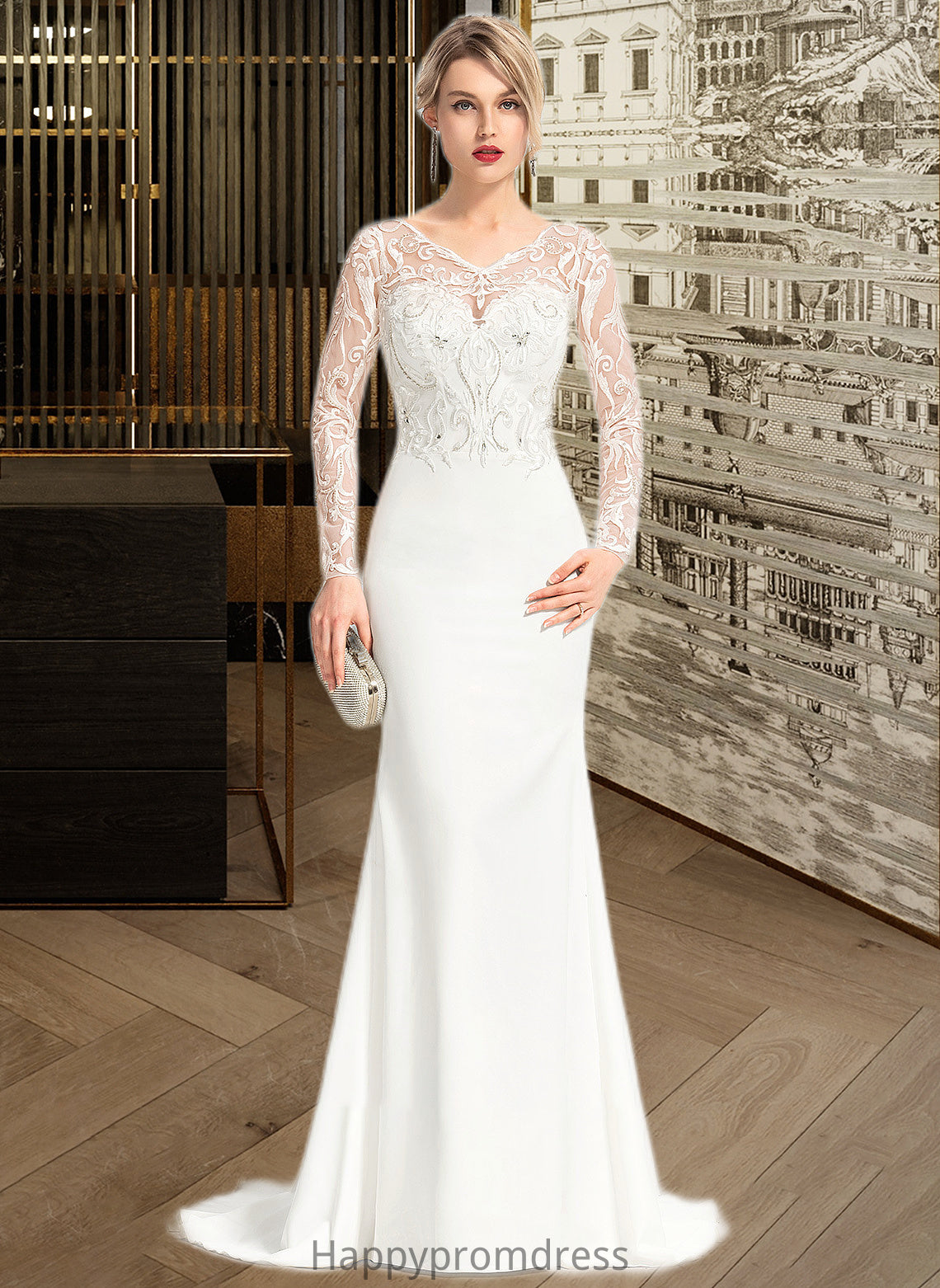 Amina Trumpet/Mermaid V-neck Sweep Train Stretch Crepe Wedding Dress With Beading Sequins XXSP0013816