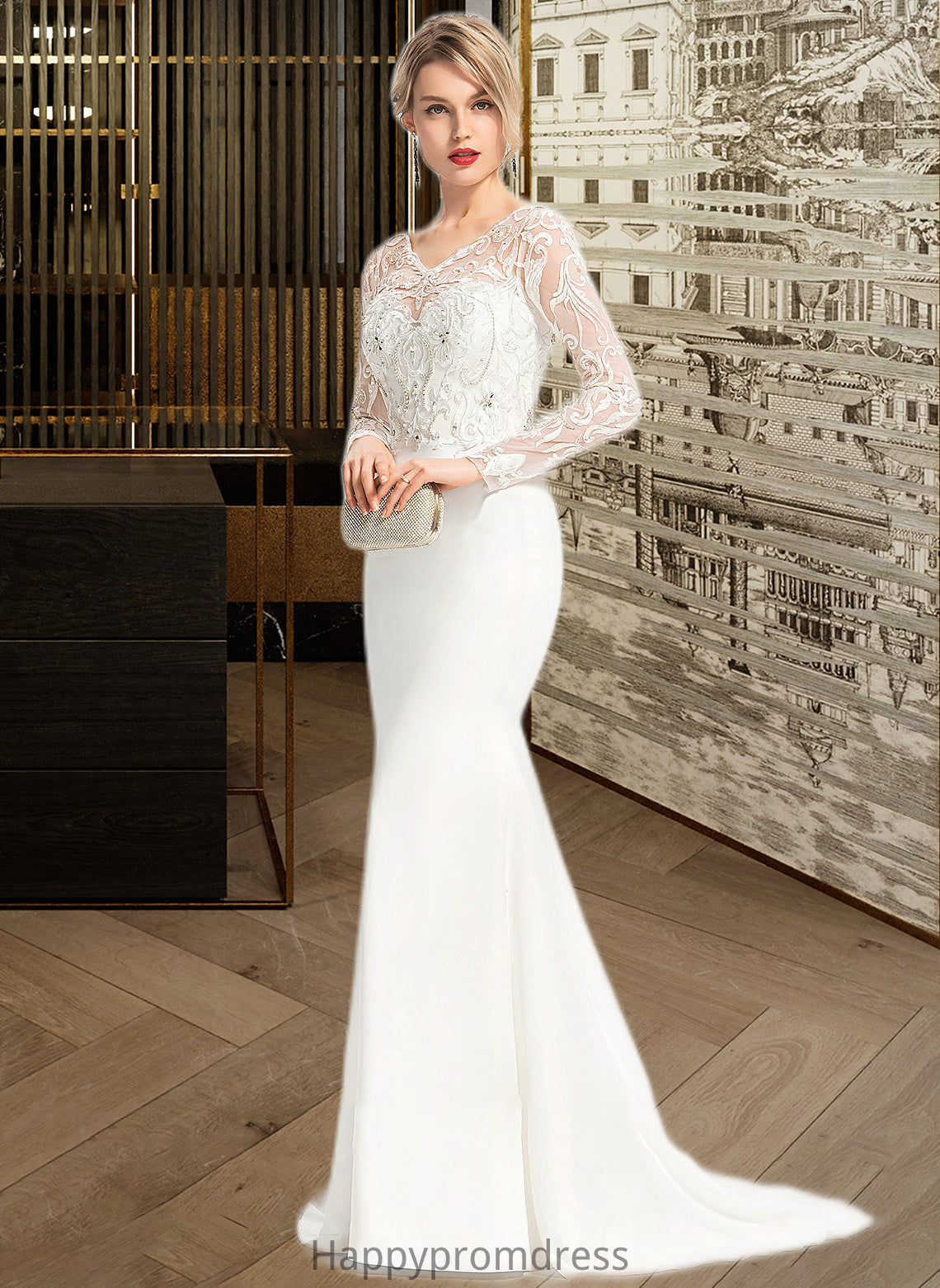 Amina Trumpet/Mermaid V-neck Sweep Train Stretch Crepe Wedding Dress With Beading Sequins XXSP0013816