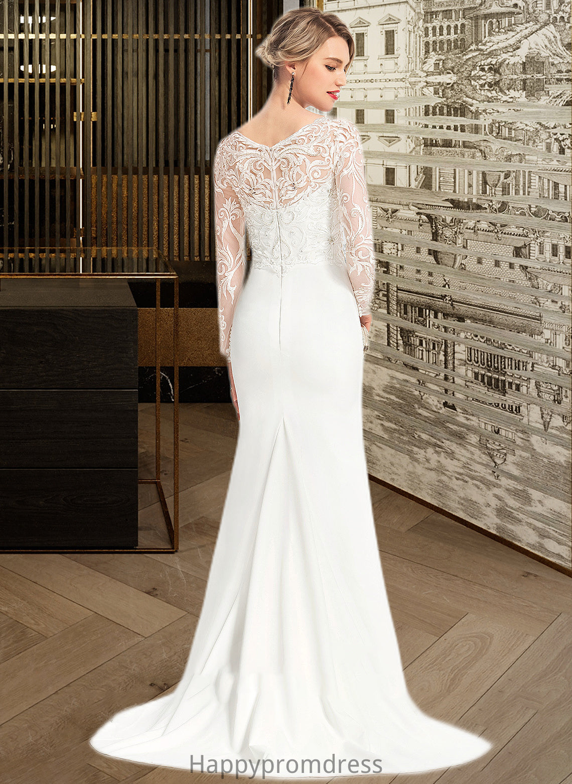 Amina Trumpet/Mermaid V-neck Sweep Train Stretch Crepe Wedding Dress With Beading Sequins XXSP0013816