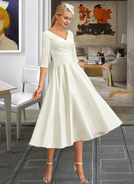 Jean A-Line V-neck Tea-Length Satin Wedding Dress XXSP0013817