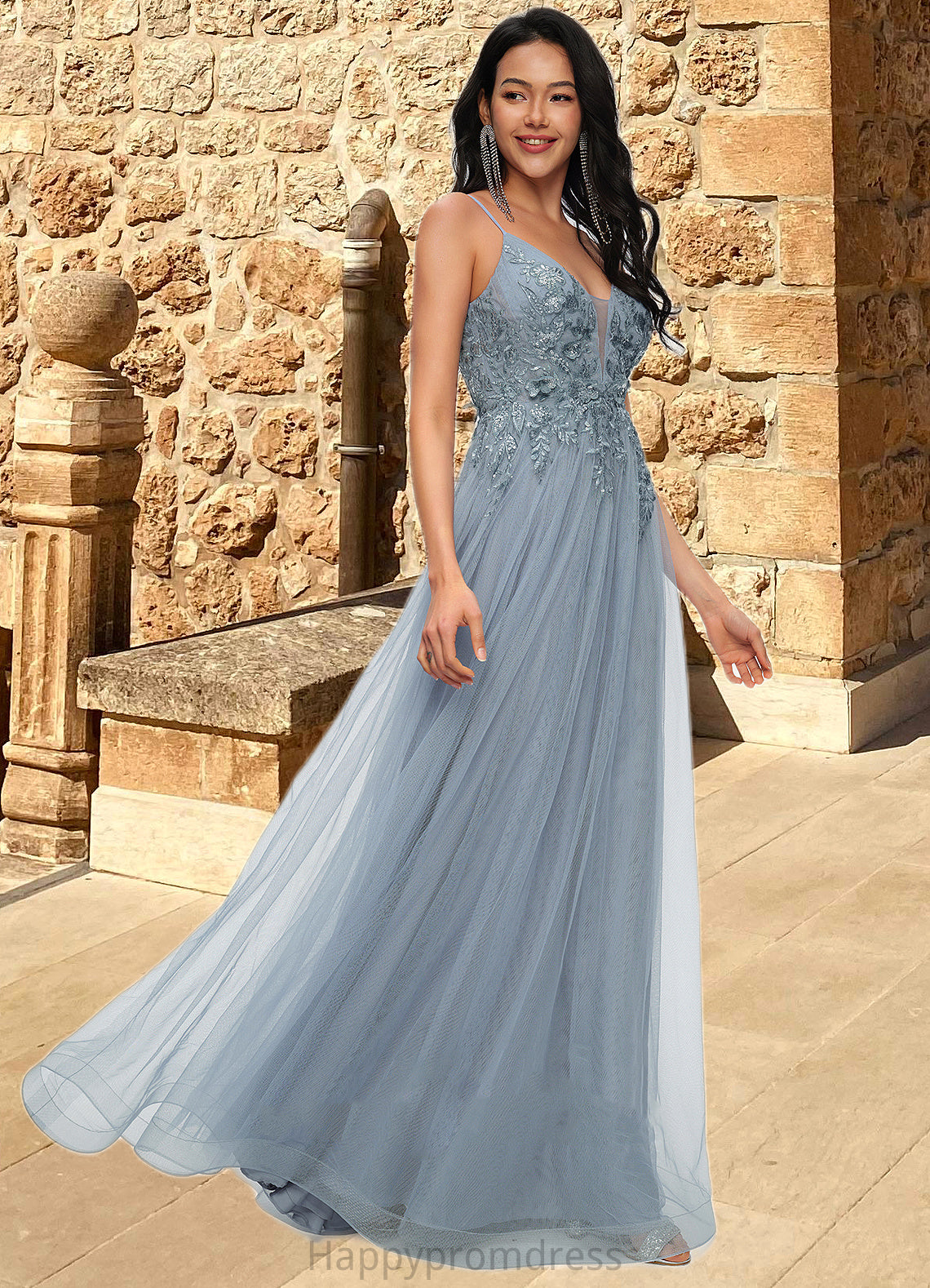 Jasmin A-line V-Neck Floor-Length Tulle Prom Dresses With Appliques Lace Sequins XXSP0022223