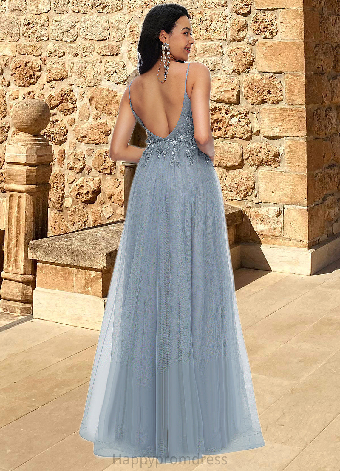 Jasmin A-line V-Neck Floor-Length Tulle Prom Dresses With Appliques Lace Sequins XXSP0022223