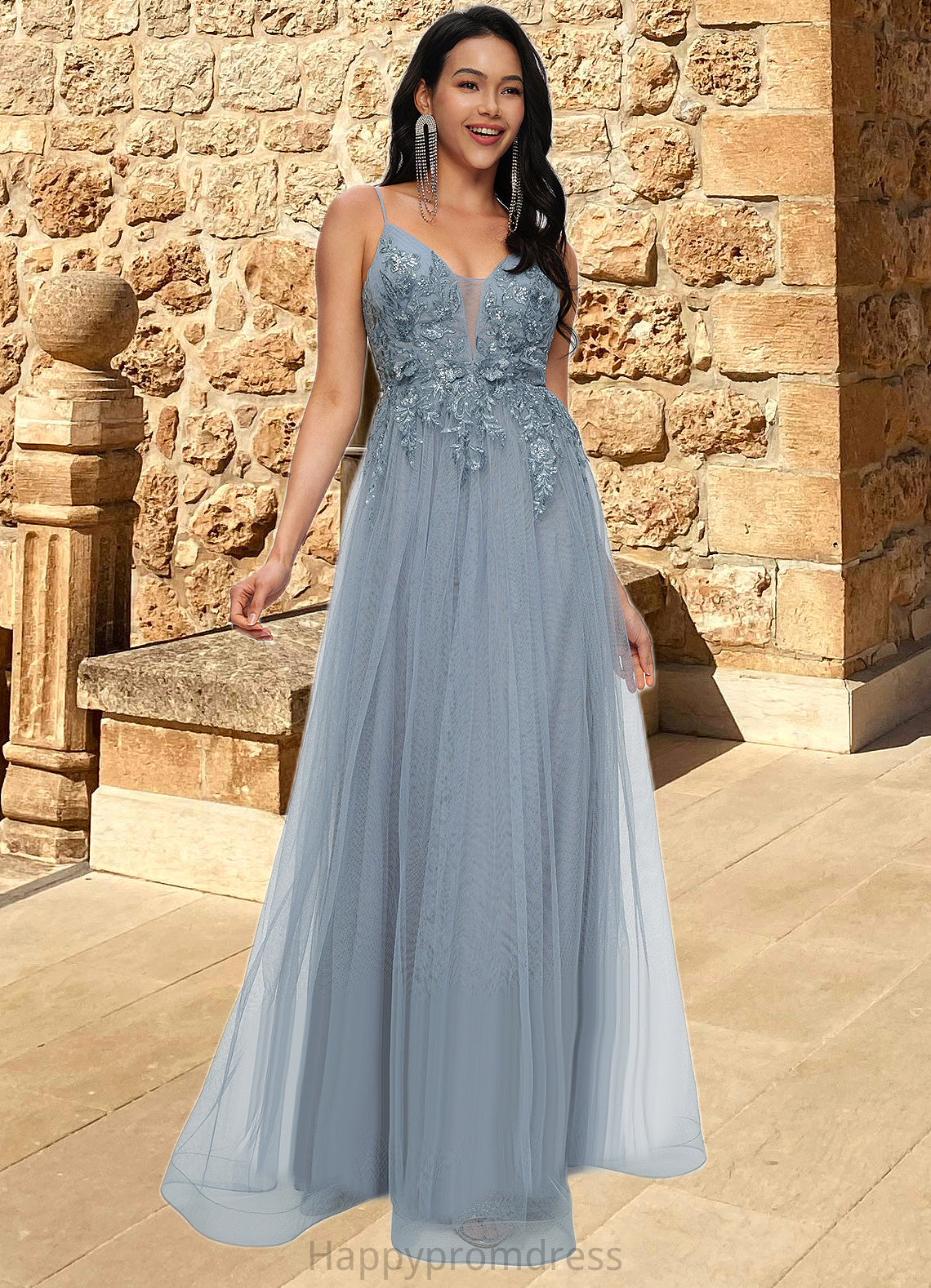 Jasmin A-line V-Neck Floor-Length Tulle Prom Dresses With Appliques Lace Sequins XXSP0022223