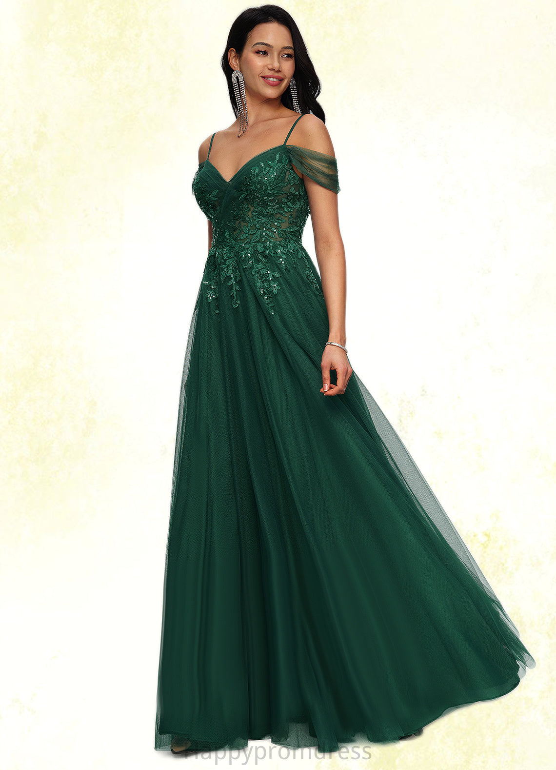 June A-line Off the Shoulder Floor-Length Tulle Prom Dresses With Appliques Lace Sequins XXSP0022231