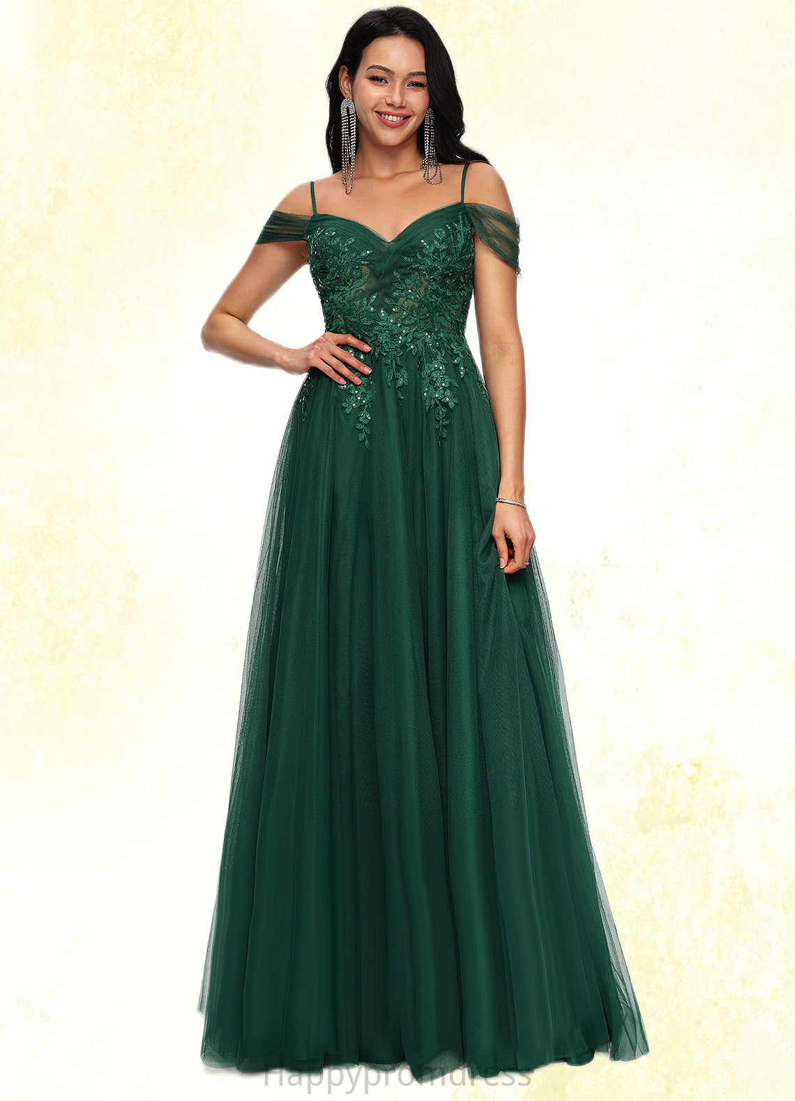 June A-line Off the Shoulder Floor-Length Tulle Prom Dresses With Appliques Lace Sequins XXSP0022231