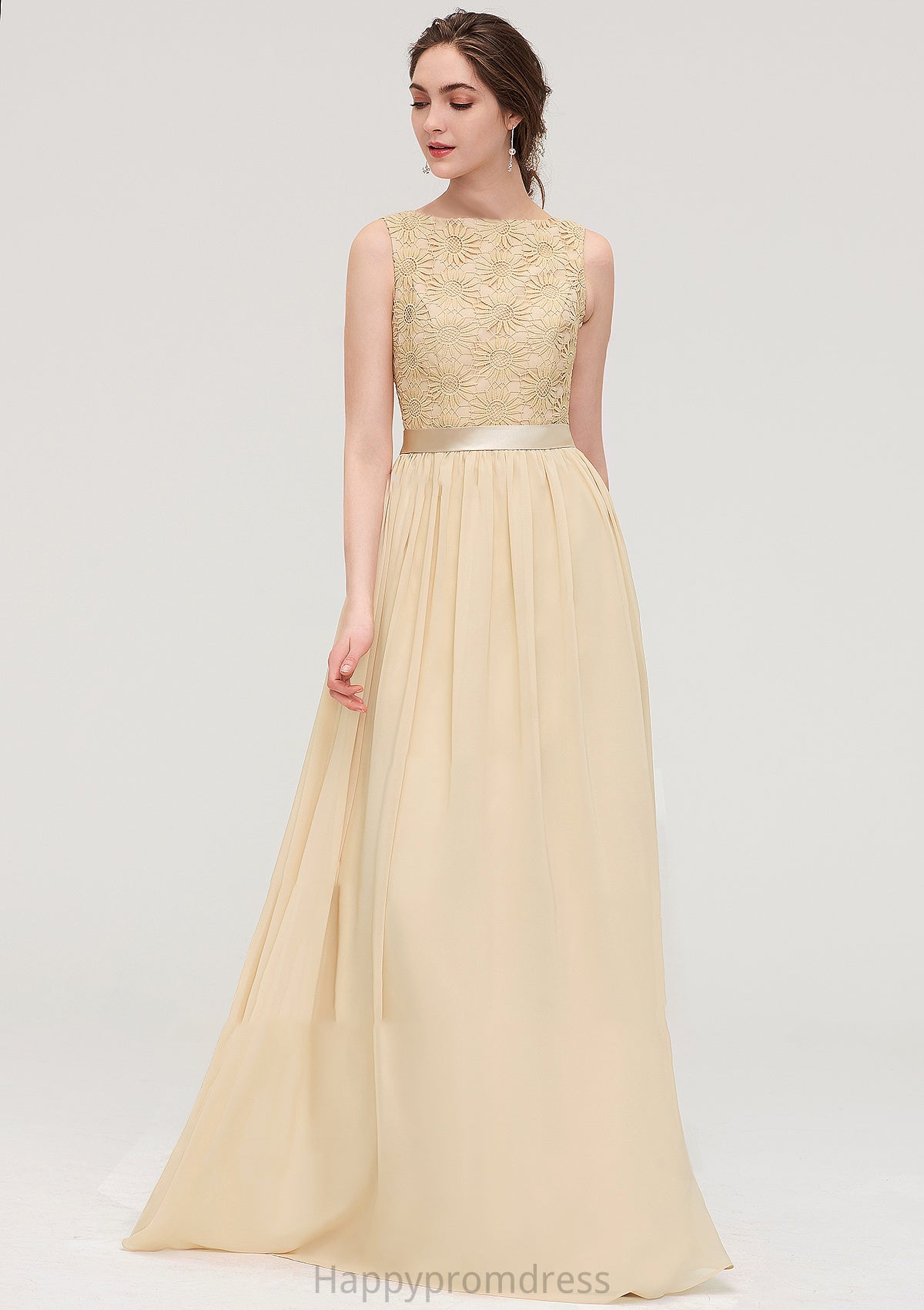 Bateau Sleeveless A-line/Princess Chiffon Long/Floor-Length Bridesmaid Dresses With Sashes Lace Ellie XXSP0025472