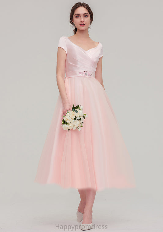 Sweetheart Short Sleeve Tea-Length Tulle A-line/Princess Bridesmaid Dresses With Waistband Beading Pleated Nia XXSP0025473