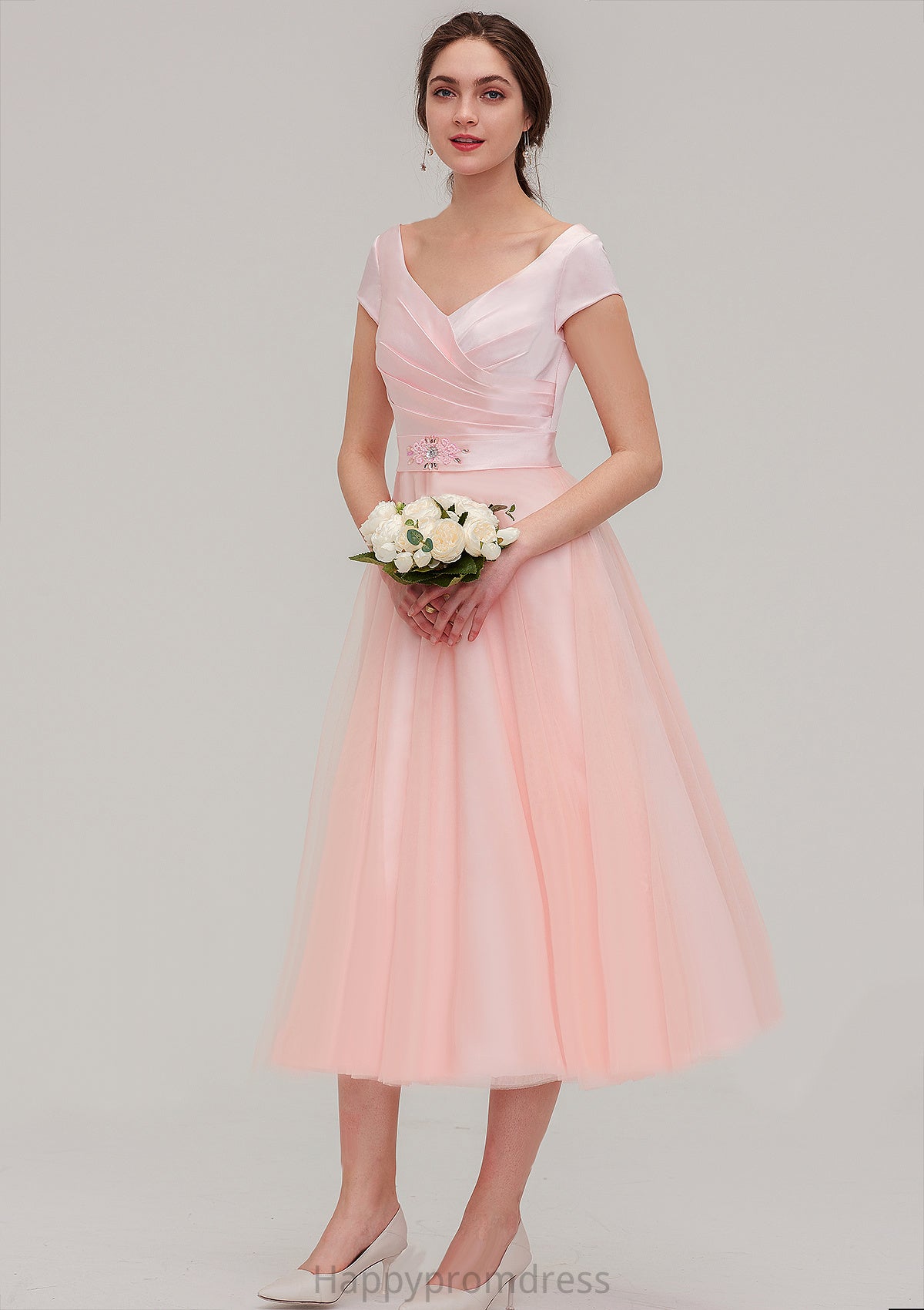 Sweetheart Short Sleeve Tea-Length Tulle A-line/Princess Bridesmaid Dresses With Waistband Beading Pleated Nia XXSP0025473