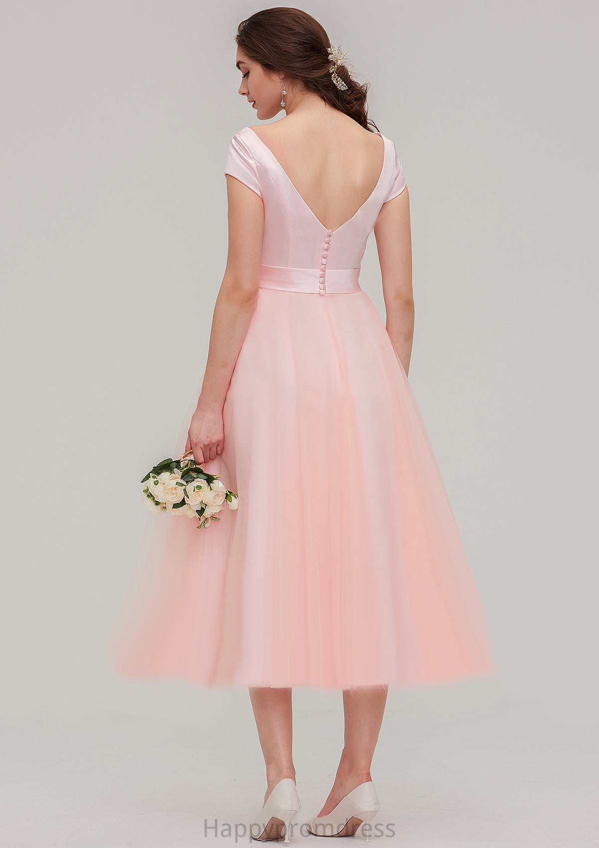 Sweetheart Short Sleeve Tea-Length Tulle A-line/Princess Bridesmaid Dresses With Waistband Beading Pleated Nia XXSP0025473