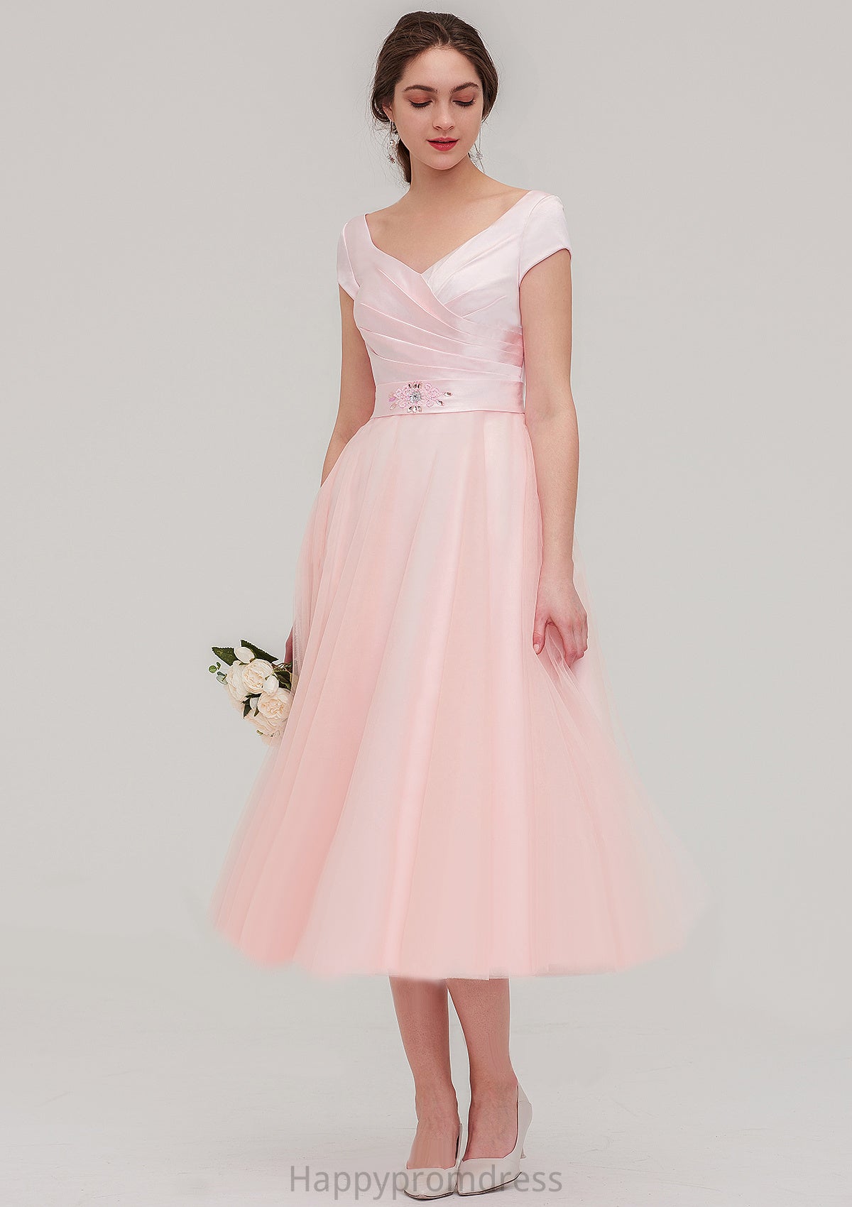 Sweetheart Short Sleeve Tea-Length Tulle A-line/Princess Bridesmaid Dresses With Waistband Beading Pleated Nia XXSP0025473