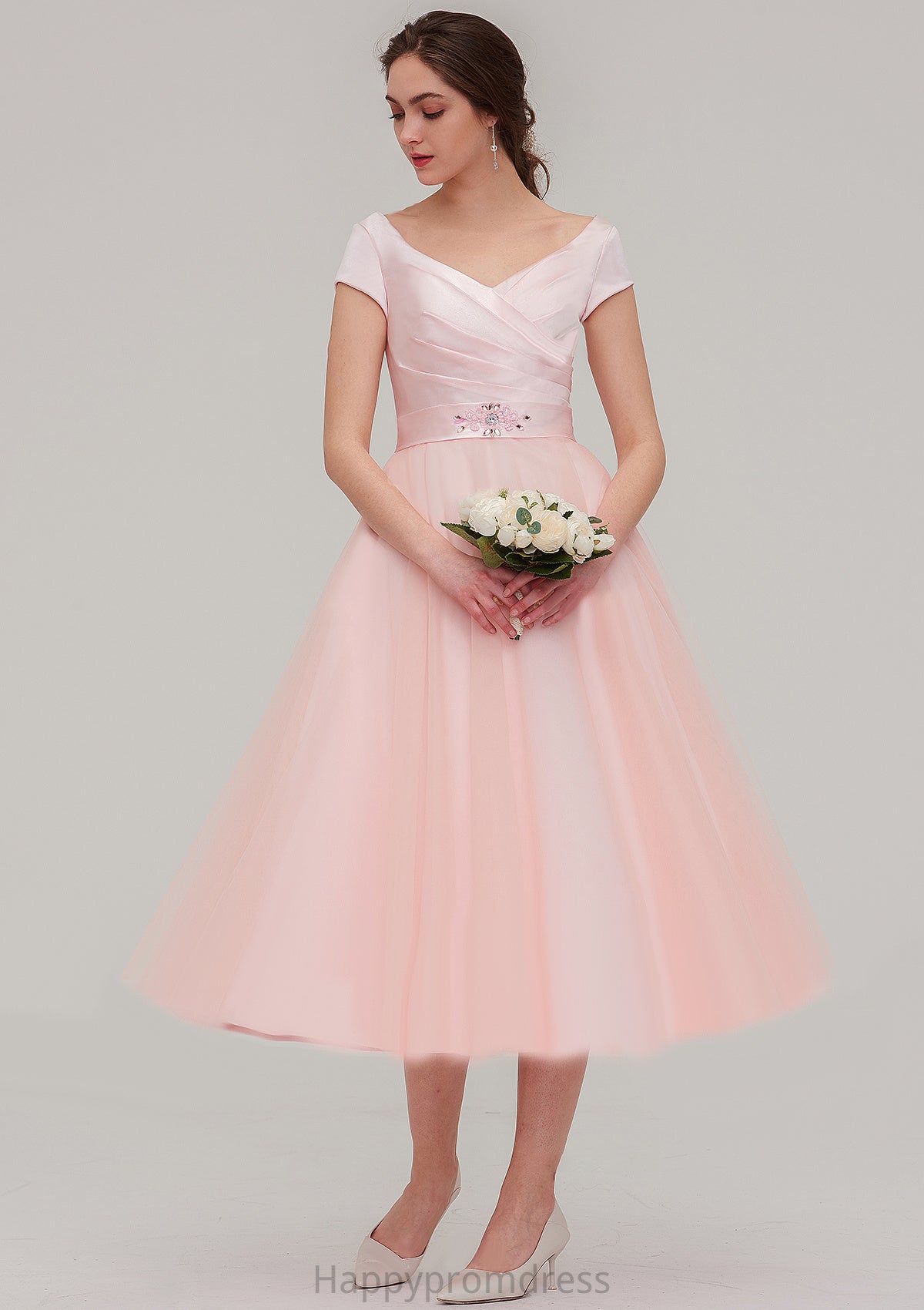 Sweetheart Short Sleeve Tea-Length Tulle A-line/Princess Bridesmaid Dresses With Waistband Beading Pleated Nia XXSP0025473