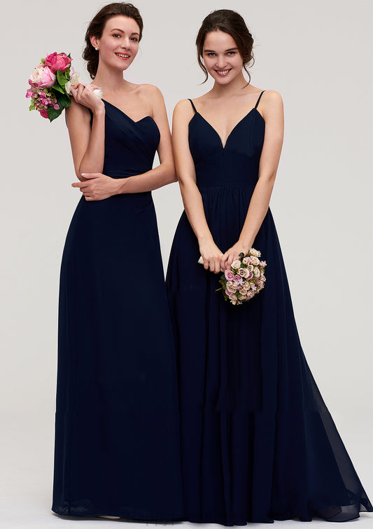 Sleeveless One-Shoulder A-line/Princess Chiffon Long/Floor-Length Bridesmaid Dresses With Pleated Frederica XXSP0025475