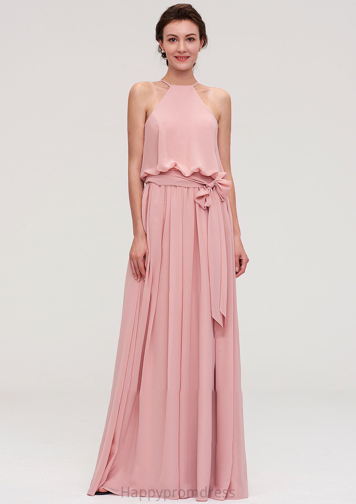 Sleeveless Scoop Neck A-line/Princess Chiffon Long/Floor-Length Bridesmaid Dresseses With Pleated Sashes Leanna XXSP0025476